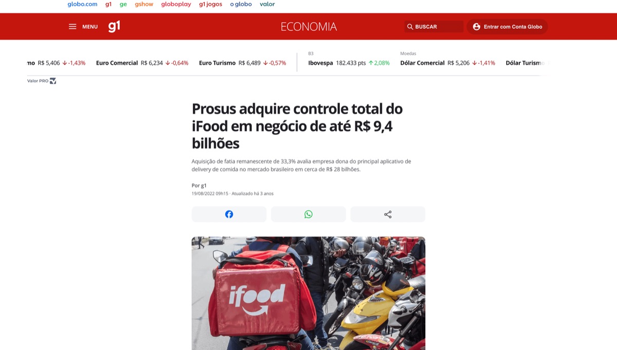 g1: Prosus adquire controle total do iFood