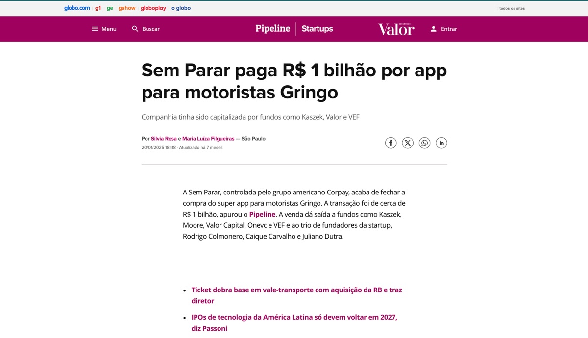 Valor Econômico: Sem Parar paga R$ 1 bilhão por app para motoristas Gringo